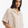 Wholesale Rotholz Kurzes Bowling Shirt Leinen Mix - Gestreift